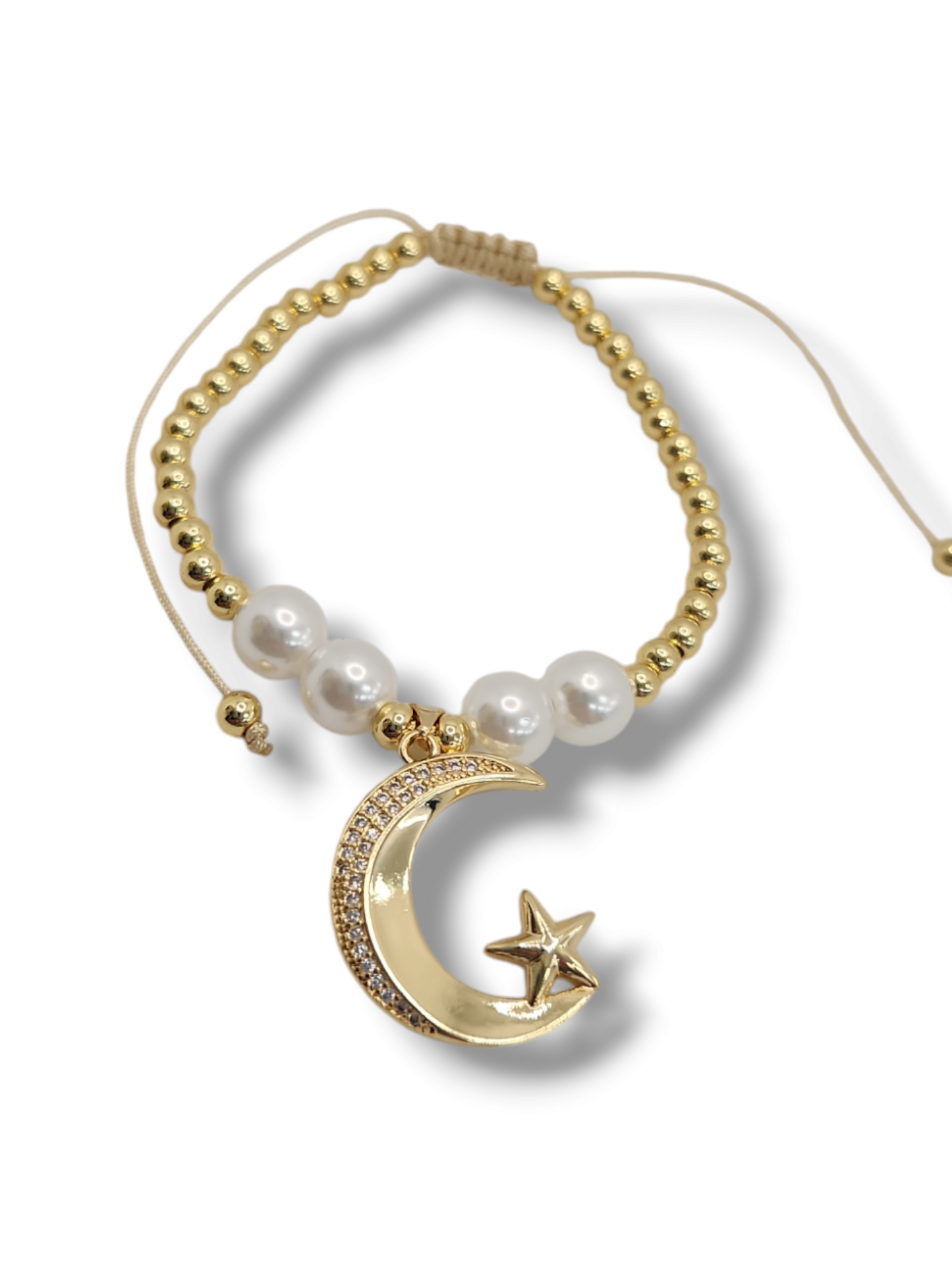 Big moon and star perls charm gold balls  string bracelet