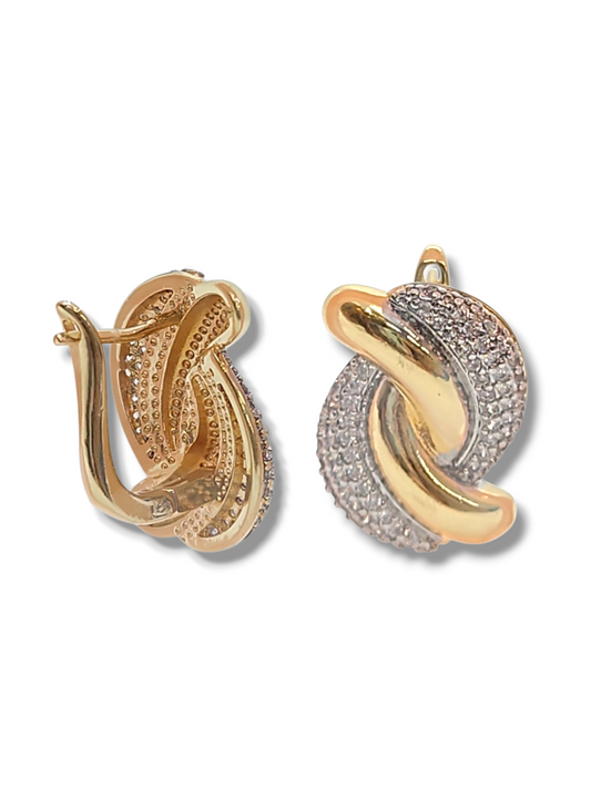 Two tons pretzel shape with zirconia pave French back earrings